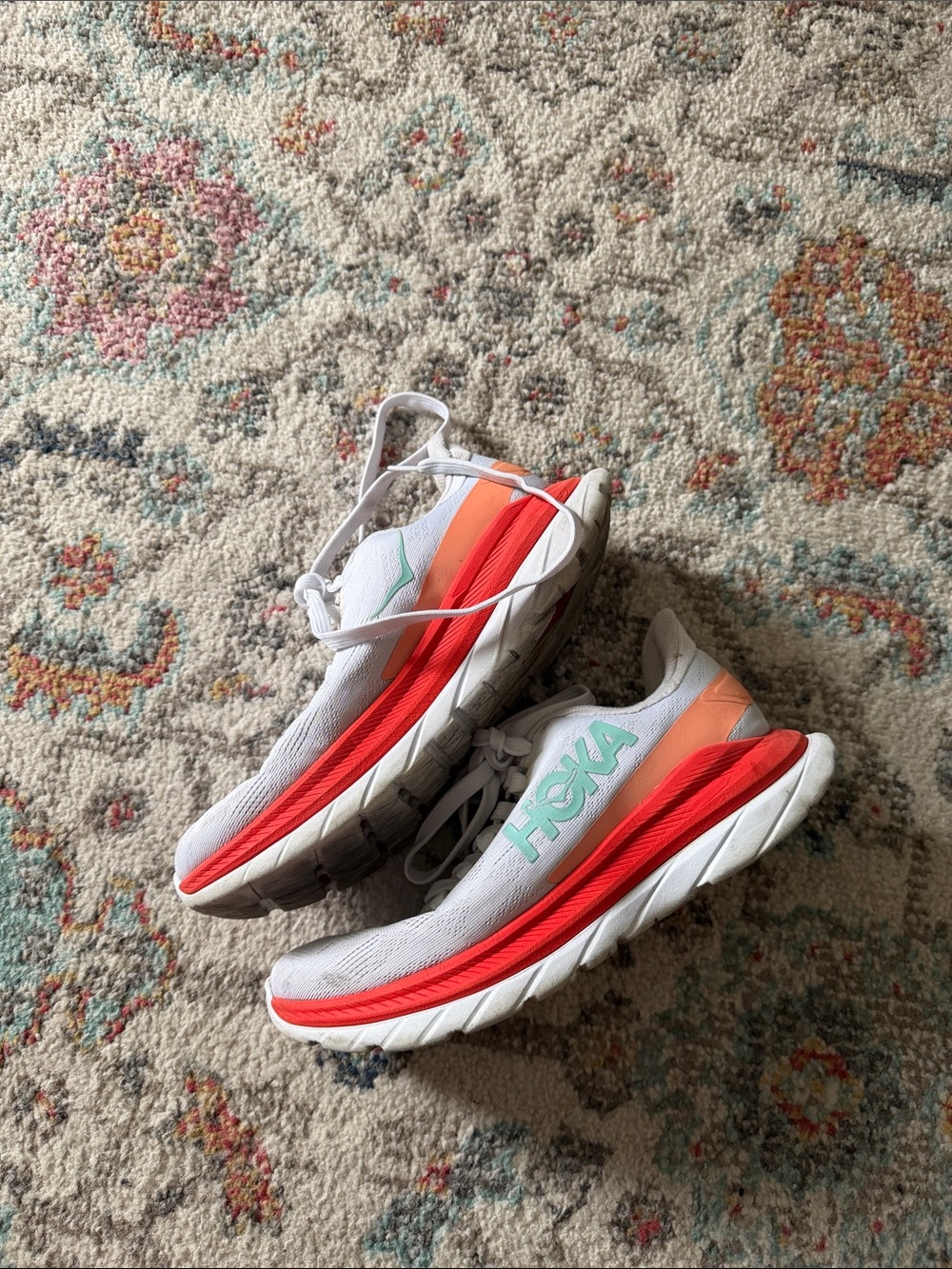 Hoka White Running Shoes with Coral & Mint Accents